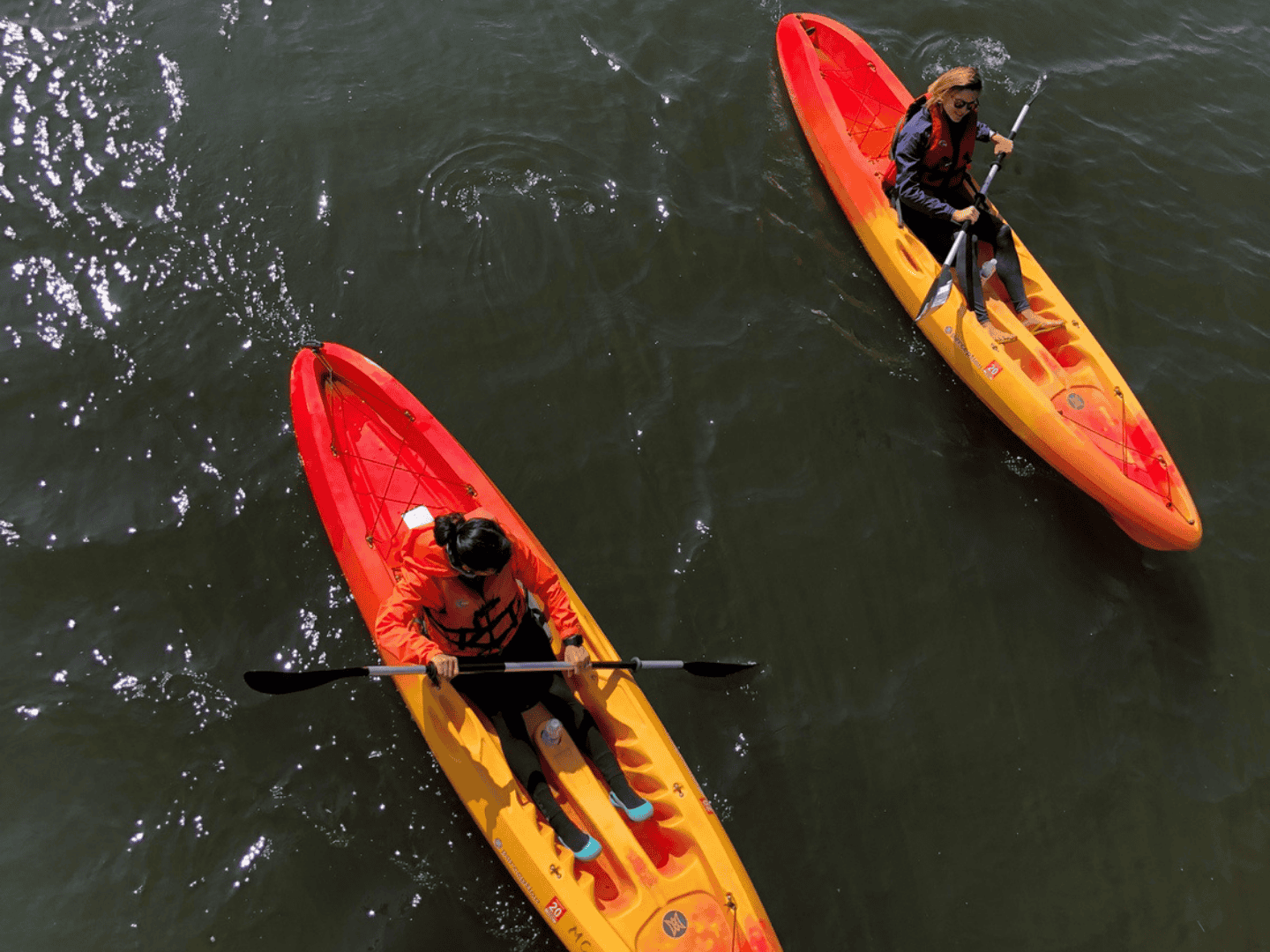 two people in orange kayaks