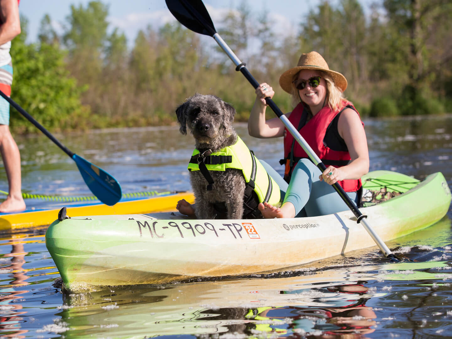 women and dog in a paddling in a kayak