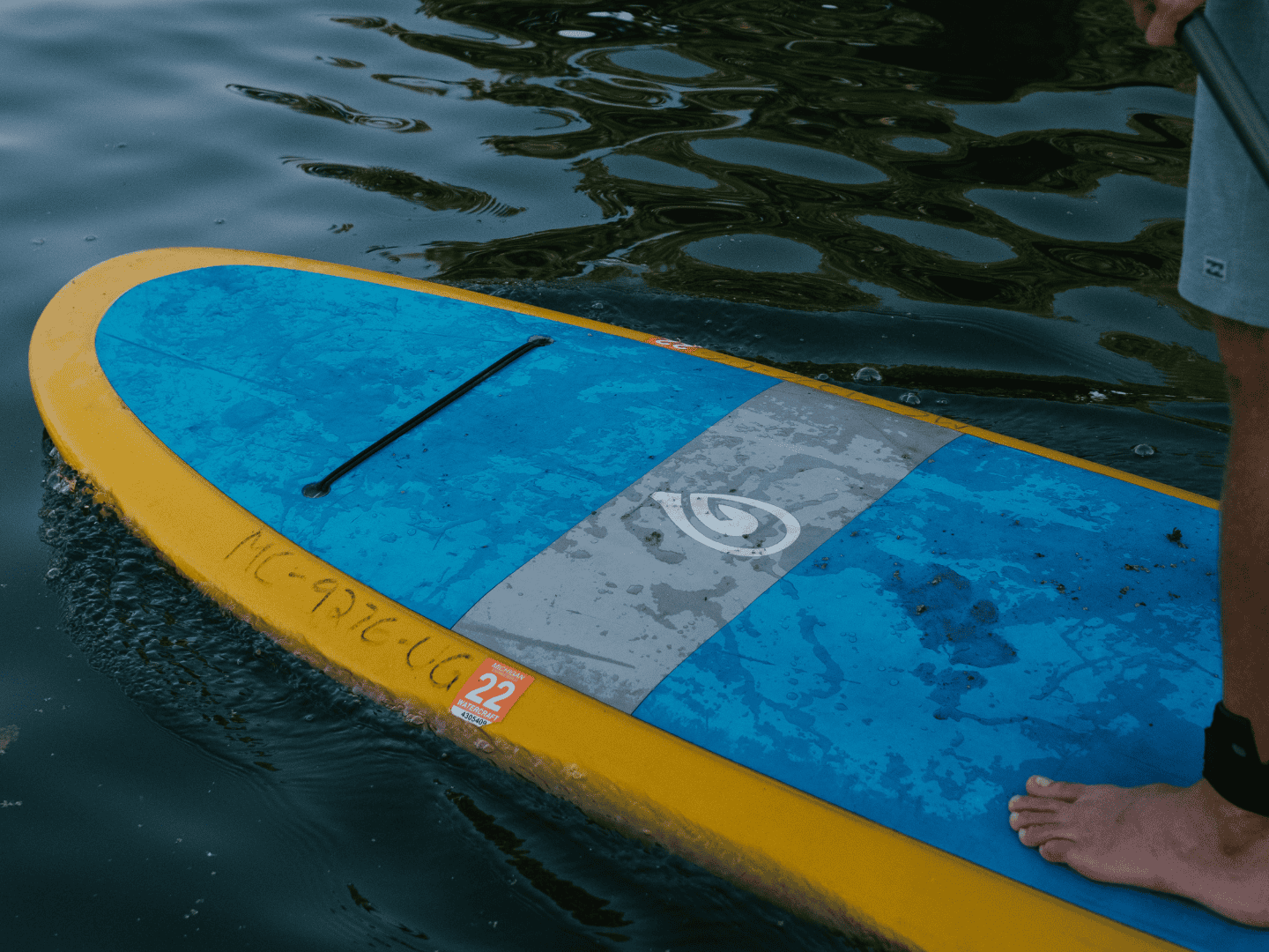 The front of a paddleboard in the water